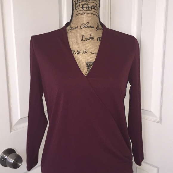 Ann Taylor Factory Sweaters - Ann Taylor Factory Burgundy Faux-Wrap Top